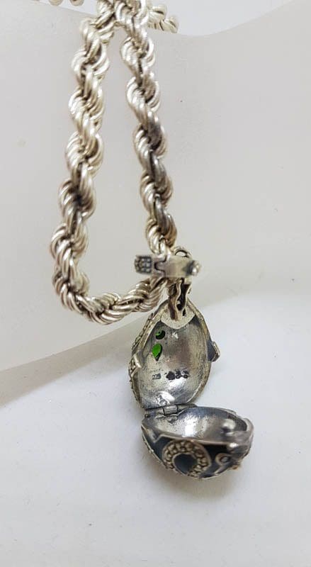Sterling Silver Marcasite with Green Stone and Enamel Faberge Style Egg (which opens) Pendant on Sterling Silver Thick Twist Rope Chain