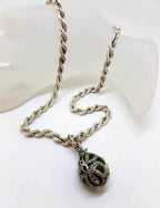 Sterling Silver Marcasite with Green Stone and Enamel Faberge Style Egg (which opens) Pendant on Sterling Silver Thick Twist Rope Chain