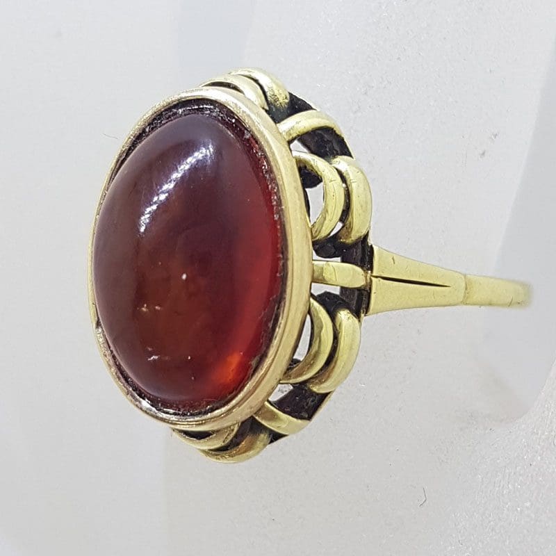 14ct Yellow Gold Large Oval Cabochon Cut Carnelian with Ornate Bezel Set Setting Ring - Antique / Vintage