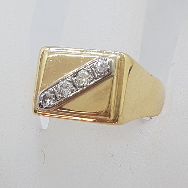 9ct Yellow Gold Large Rectangular Signet Ring set with Four Diamond Ring - Gents Ring / Ladies Ring - Antique / Vintage