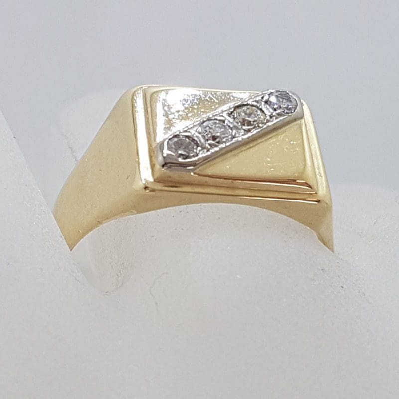 9ct Yellow Gold Large Rectangular Signet Ring set with Four Diamond Ring - Gents Ring / Ladies Ring - Antique / Vintage