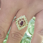 9ct Yellow Gold Peridot &amp; Rhodolite Garnet Ornate Filigree Large Ring