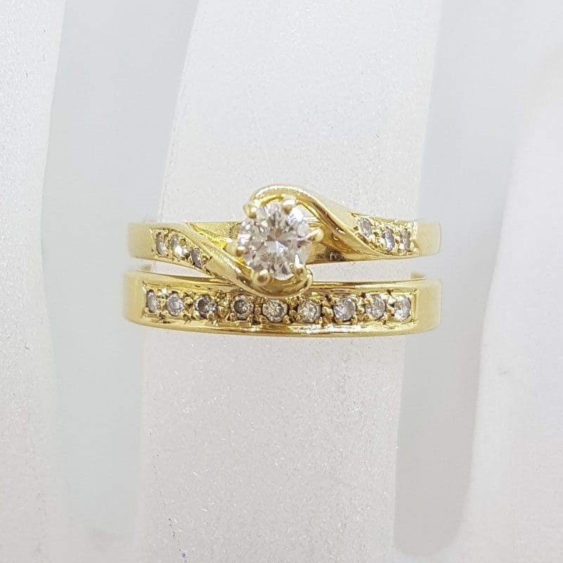 18ct Yellow Gold Twist Design Diamond Engagement Ring and Wedding Ring Set