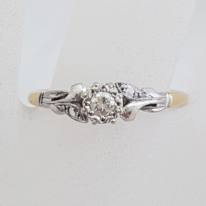 18ct Yellow Gold and White Gold Ornate Design Solitaire Engagement Ring / Dress Ring - Antique /  Vintage