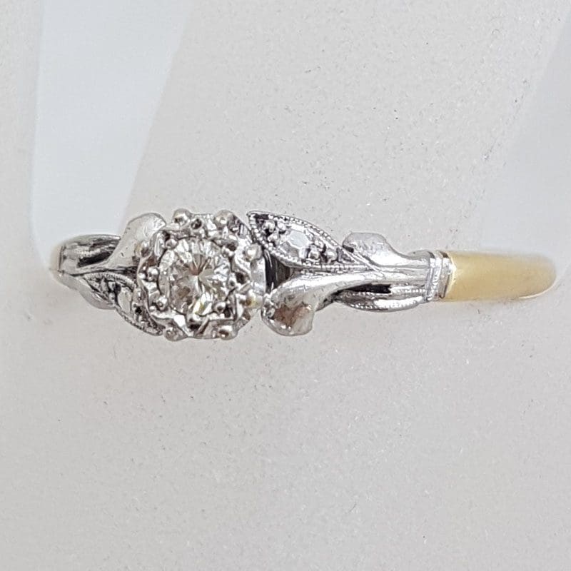 18ct Yellow Gold and White Gold Ornate Design Solitaire Engagement Ring / Dress Ring - Antique /  Vintage