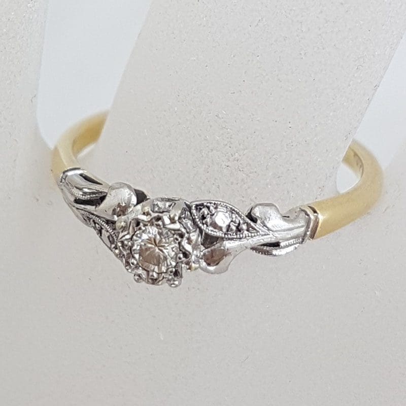 18ct Yellow Gold and White Gold Ornate Design Solitaire Engagement Ring / Dress Ring - Antique /  Vintage