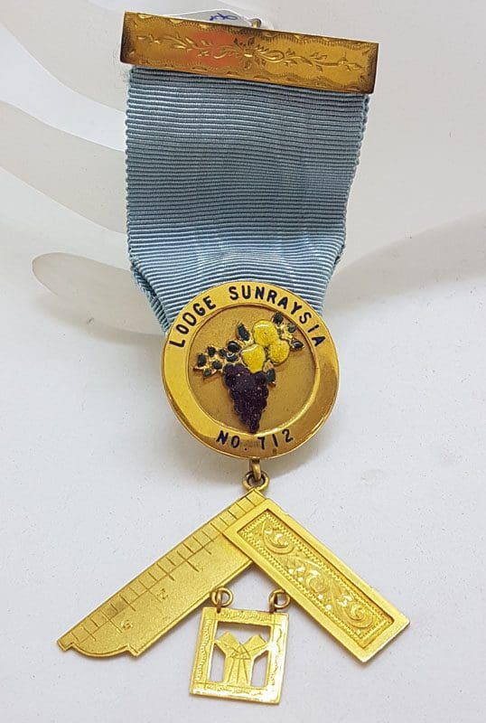 9ct Yellow Gold Freemason Jewel / Masonic Medal - Freemasons Lodge Sunraysia No 712 - with Blue Ribbon - Antique / Vintage
