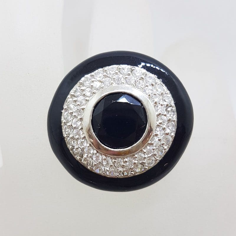 Sterling Silver Very Large Round Black and Clear Cubic Zirconia Cocktail Ring