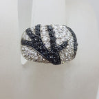 Sterling Silver Wide Rounded Black and Clear Cubic Zirconia Ring with Unique Pattern
