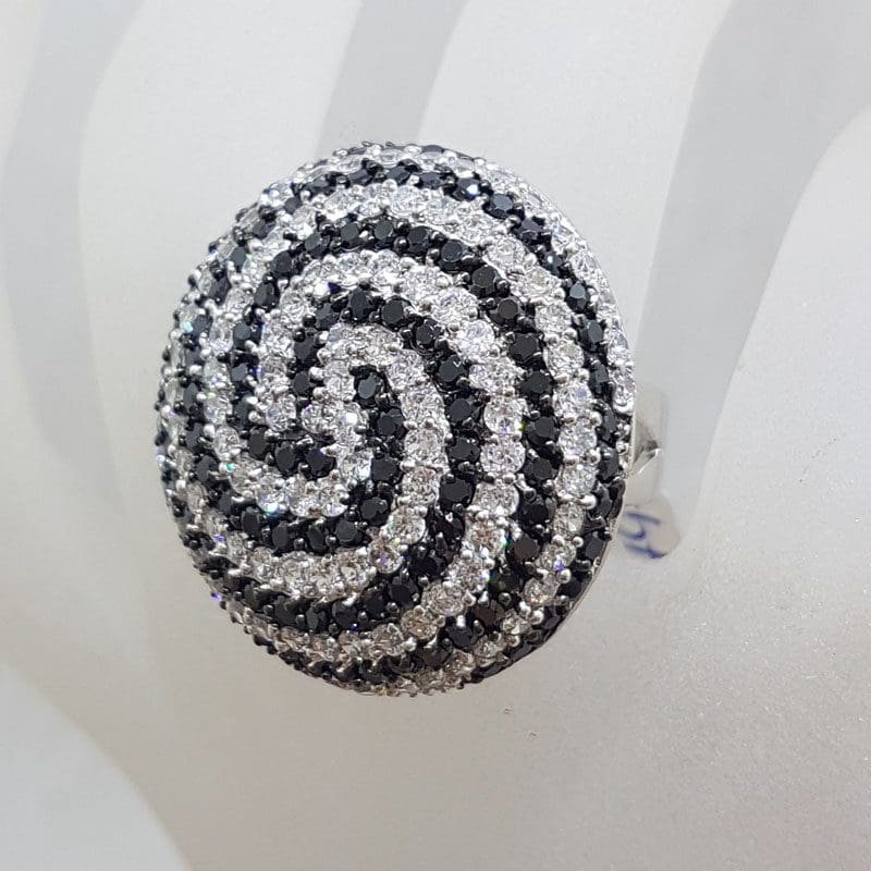 Sterling Silver Very Large Round Swirl Black and Clear Cubic Zirconia Cocktail Ring