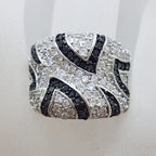 Sterling Silver Very Wide Black and Clear Cubic Zirconia Ring with Stunning Pattern