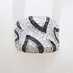 Sterling Silver Very Wide Black and Clear Cubic Zirconia Ring with Stunning Pattern