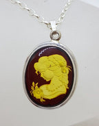 Sterling Silver Natural Baltic Amber Carved Oval Cameo Pendant on Silver Chain