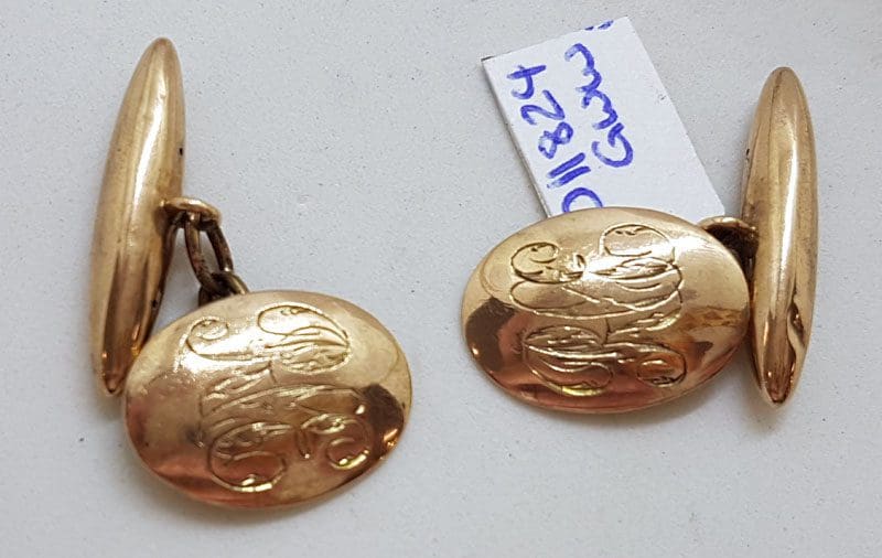 9ct Rose Gold Oval Monogrammed Engraved Cufflinks - Antique / Vintage