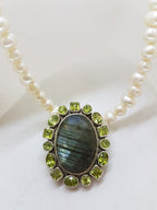 Sterling Silver Large Oval Labradorite Surrounded by Peridot Cluster Pendant on Pearl Necklace / Chain