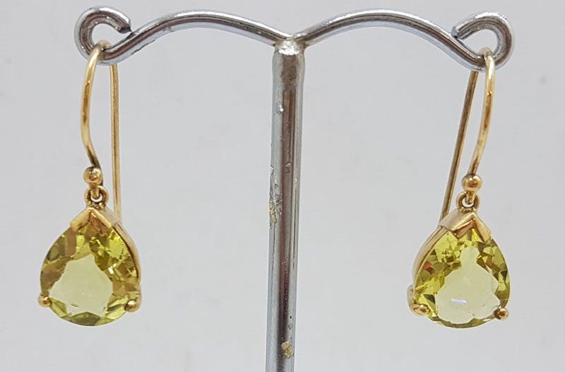 9ct Yellow Gold Teardrop / Pear Shape Lemon Citrine Drop Earrings - Lemon Quartz