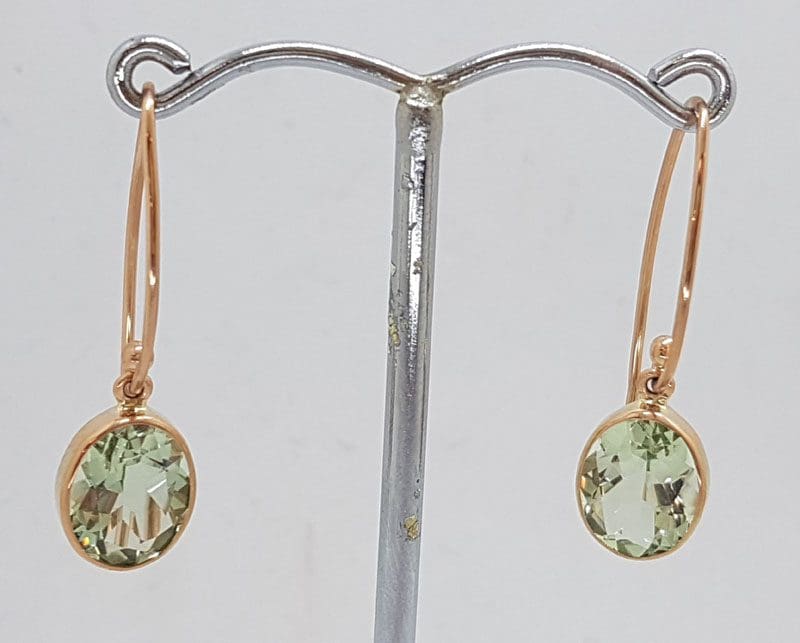 9ct Rose Gold Long Oval Bezel Set Green Amethyst / Prasiolite Drop Earrings