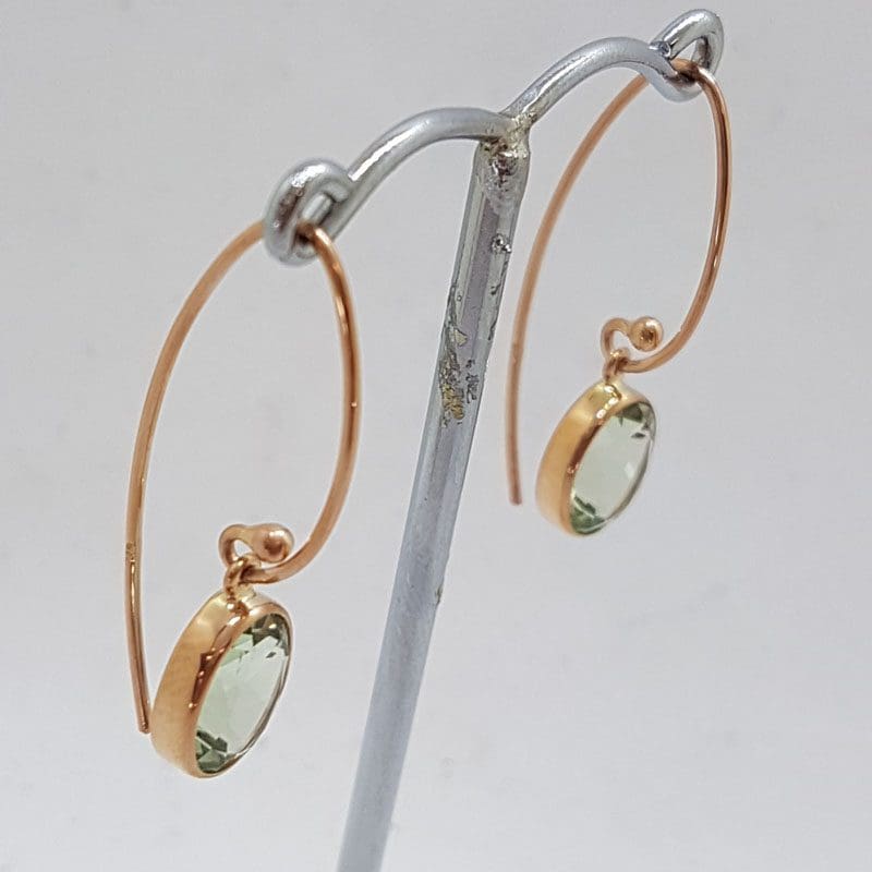 9ct Rose Gold Long Oval Bezel Set Green Amethyst / Prasiolite Drop Earrings