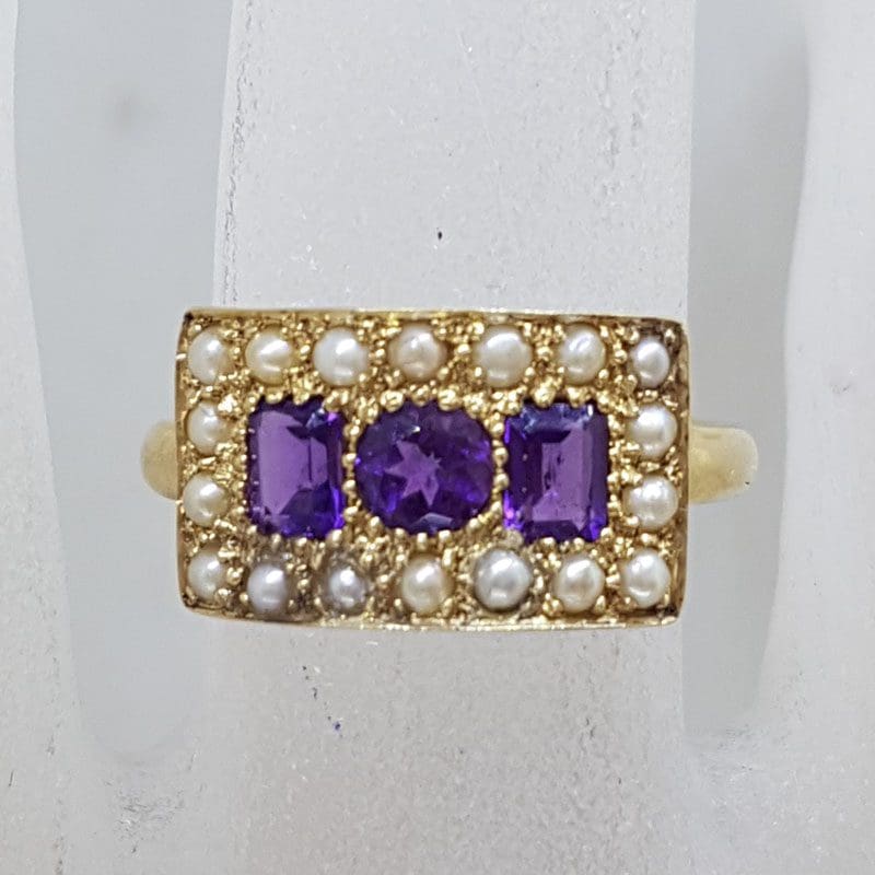 9ct Yellow Gold Wide Rectangular Cluster Ring Set with Amethyst and Seed Pearls - Antique / Vintage