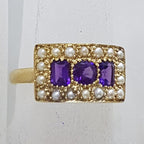 9ct Yellow Gold Wide Rectangular Cluster Ring Set with Amethyst and Seed Pearls - Antique / Vintage