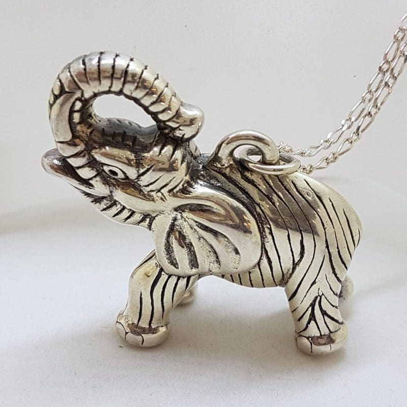 Sterling Silver Large Hollow Lucky Elephant Pendant with Trunk Up on Silver Chain