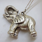 Sterling Silver Large Hollow Lucky Elephant Pendant with Trunk Up on Silver Chain