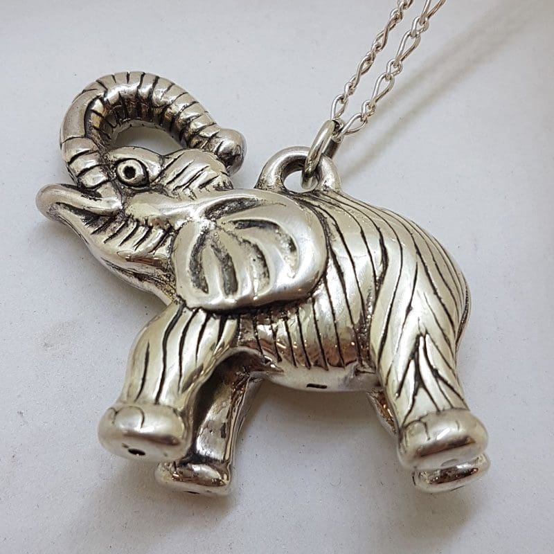 Sterling Silver Large Hollow Lucky Elephant Pendant with Trunk Up on Silver Chain