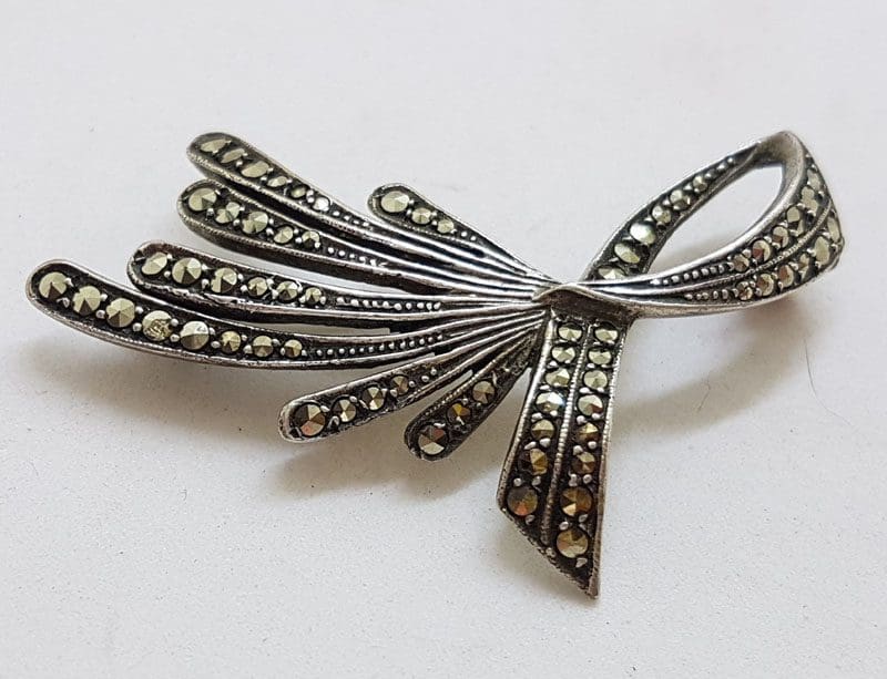Sterling Silver Marcasite Large Swirl Brooch - Vintage / Antique