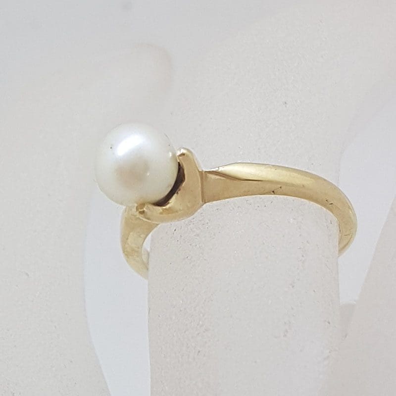 9ct Yellow Gold Solitaire Akoya Pearl Ring - Antique / Vintage