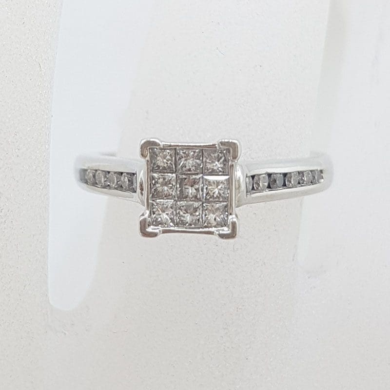 10ct White Gold Claw Set and Channel Set Princess Cut / Square Diamond Cluster Ring - Engagement Ring / Dress Ring
