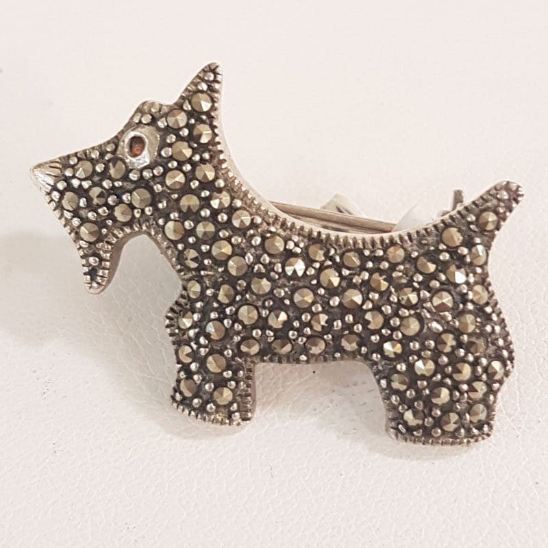 Sterling Silver Marcasite with a Garnet Eye Scottish Terrier / Dog Brooch - Scottie Dog