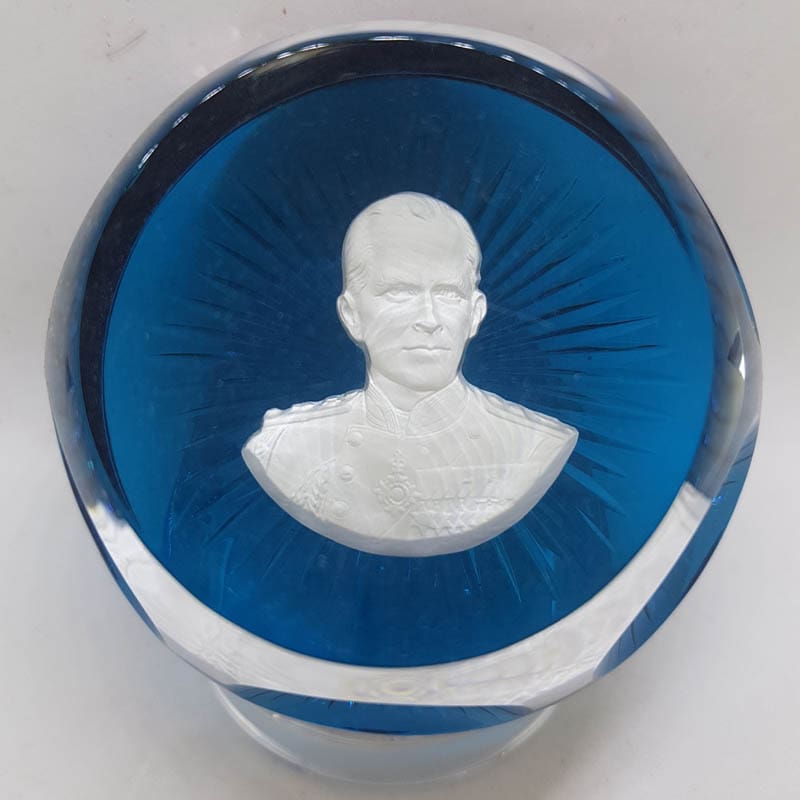 Set of 4 French Baccarat Crystal Royal Paperweights - Queen, Prince Philip, Prince Charles and Princess Anne - Yellow, Blue, Green and Purple - Royal Memorabilia