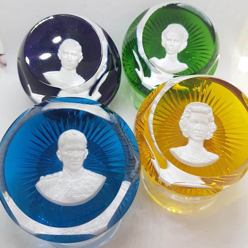 Set of 4 French Baccarat Crystal Royal Paperweights - Queen, Prince Philip, Prince Charles and Princess Anne - Yellow, Blue, Green and Purple - Royal Memorabilia