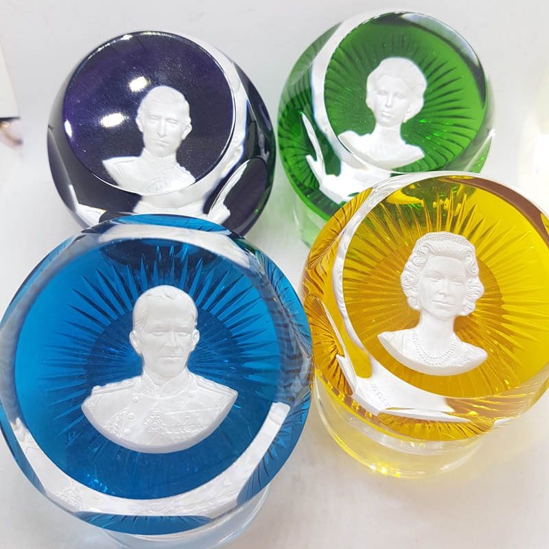 Set of 4 French Baccarat Crystal Royal Paperweights - Queen, Prince Philip, Prince Charles and Princess Anne - Yellow, Blue, Green and Purple - Royal Memorabilia
