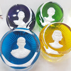 Set of 4 French Baccarat Crystal Royal Paperweights - Queen, Prince Philip, Prince Charles and Princess Anne - Yellow, Blue, Green and Purple - Royal Memorabilia
