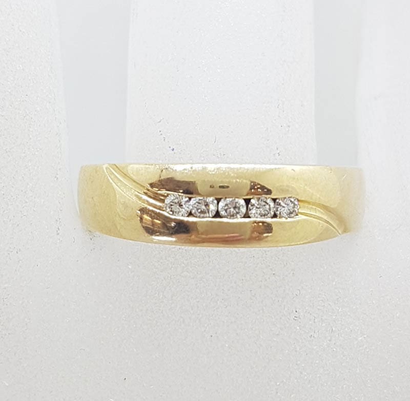 9ct Yellow Gold 5 Diamond Band Ring - Ladies / Gents Ring - Wedding Band Style