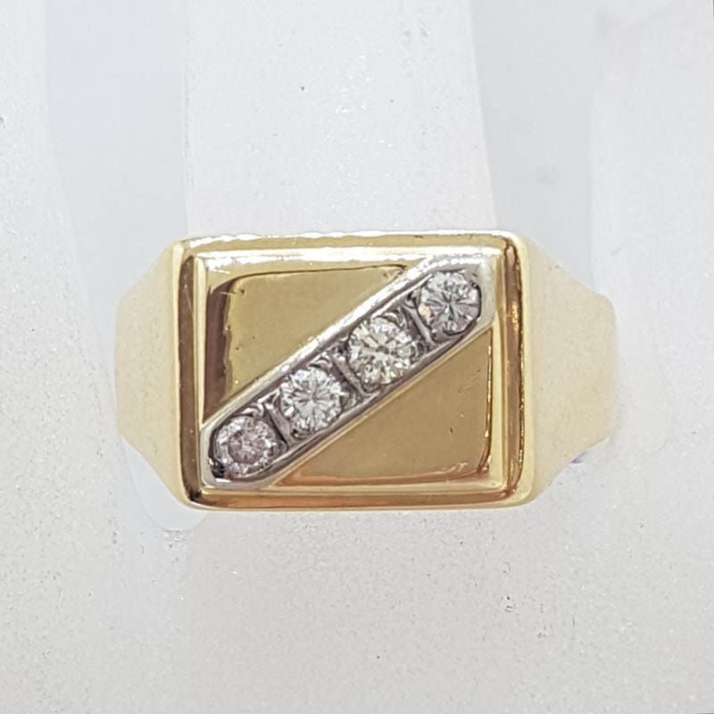 9ct Yellow Gold Large Rectangular Signet Ring set with Four Diamond Ring - Gents Ring / Ladies Ring - Antique / Vintage