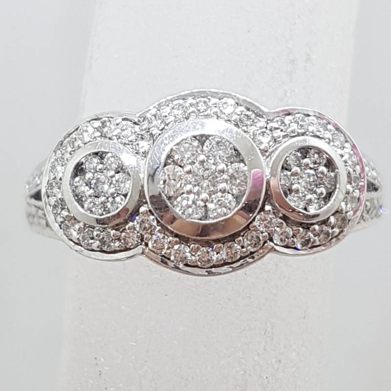 9ct White Gold Diamond Trilogy Cluster Ring - Art Deco Style