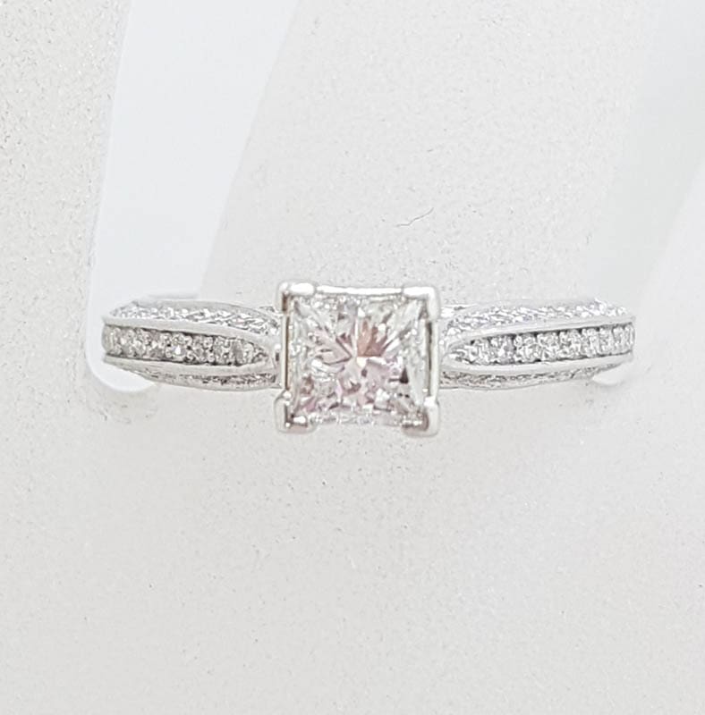 Stunning 18ct White Gold Princess Cut Diamond Engagement Ring - Square set High with Diamonds along shoulder
