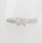 Stunning 18ct White Gold Princess Cut Diamond Engagement Ring - Square set High with Diamonds along shoulder