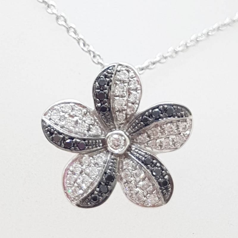 9ct White Gold Black Diamond &amp; Clear Diamond Flower Pendant on Gold Chain