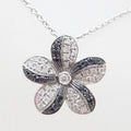 9ct White Gold Black Diamond &amp; Clear Diamond Flower Pendant on Gold Chain