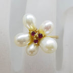 14ct Yellow Gold Pearl and Ruby Flower Cluster Ring - Vintage / Antique