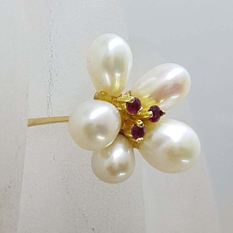 14ct Yellow Gold Pearl and Ruby Flower Cluster Ring - Vintage / Antique