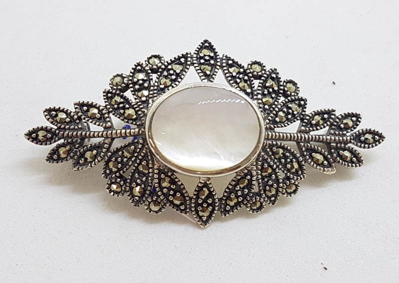 Sterling Silver Mother of Pearl Ornate Leaf Design Large Brooch - Vintage