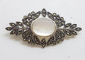 Sterling Silver Mother of Pearl Ornate Leaf Design Large Brooch - Vintage