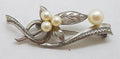 Sterling Silver Akoya Cultured Pearl Ornate Leaf Design Swirl Bar Brooch - Vintage