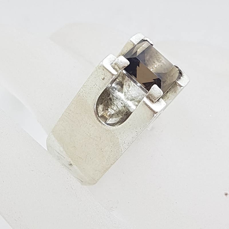 Sterling Silver Square Smokey Quartz Unusual and Bulky High Set Ring - Vintage / Antique