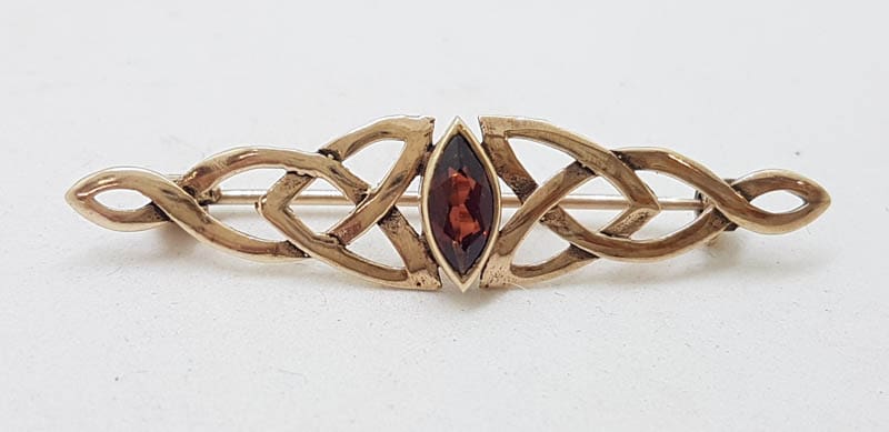 Sterling Silver with Plating Marquis Garnet Celtic Design Bar Brooch - Vintage