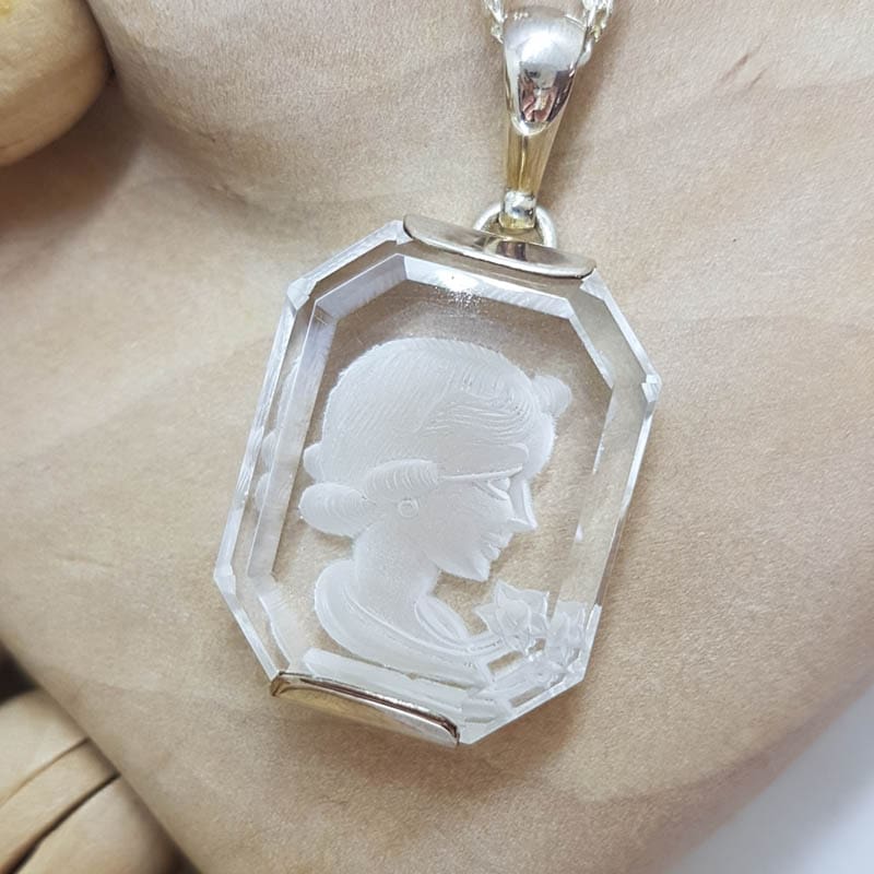 Sterling Silver Carved Clear Crystal Quartz Lady / Girl Face Pendant on Silver Chain - Cameo
